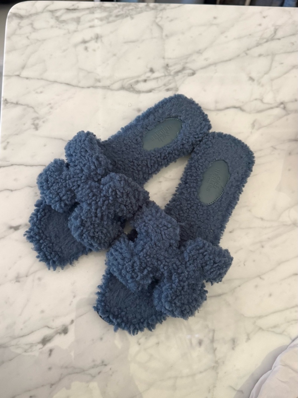 Hermes Blue Sherpa Knot Slide Sandals